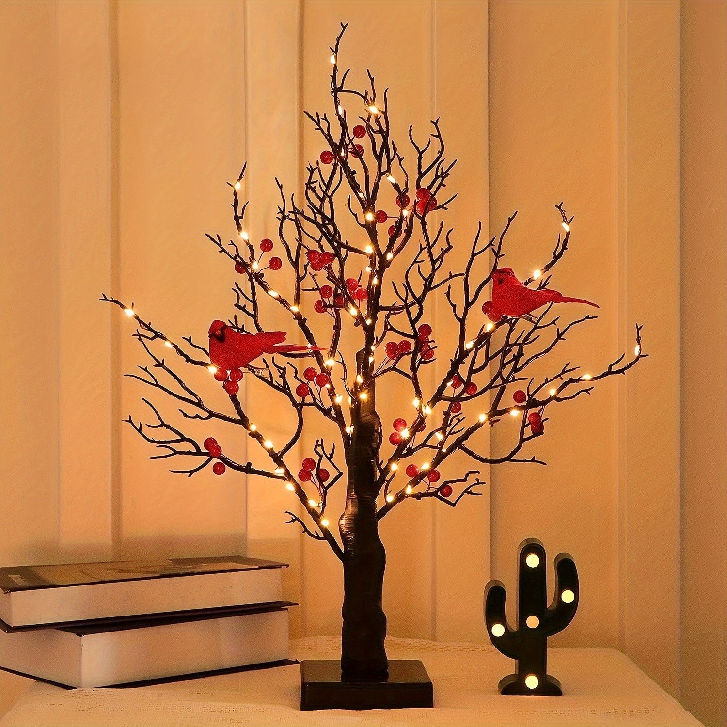1 Elegant 21" LED-Lit Bonsai Tree with Red Birds & Black Artificial Birch - 60 Warm Yellow Lights, Perfect for Halloween, Thanksgiving, Christmas, Valentine's Decor - AA Battery Operated (Batteries Not Included)
