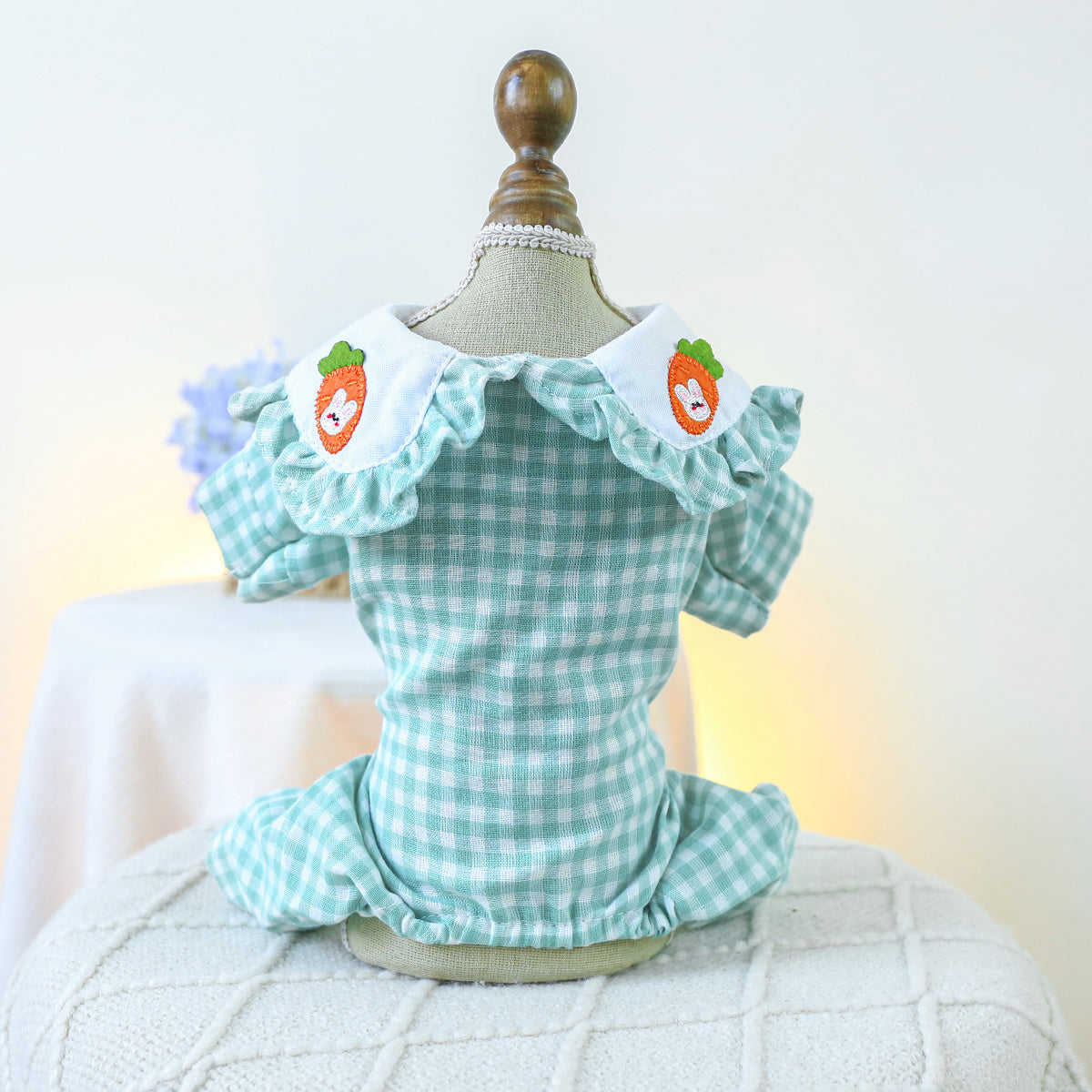 Cute Comfort, Adorable Carrot Rabbit Couple-Themed Green Plaid Jumpsuit for Small Dogs - Cozy Knit Pet Apparel for Spring & Autumn