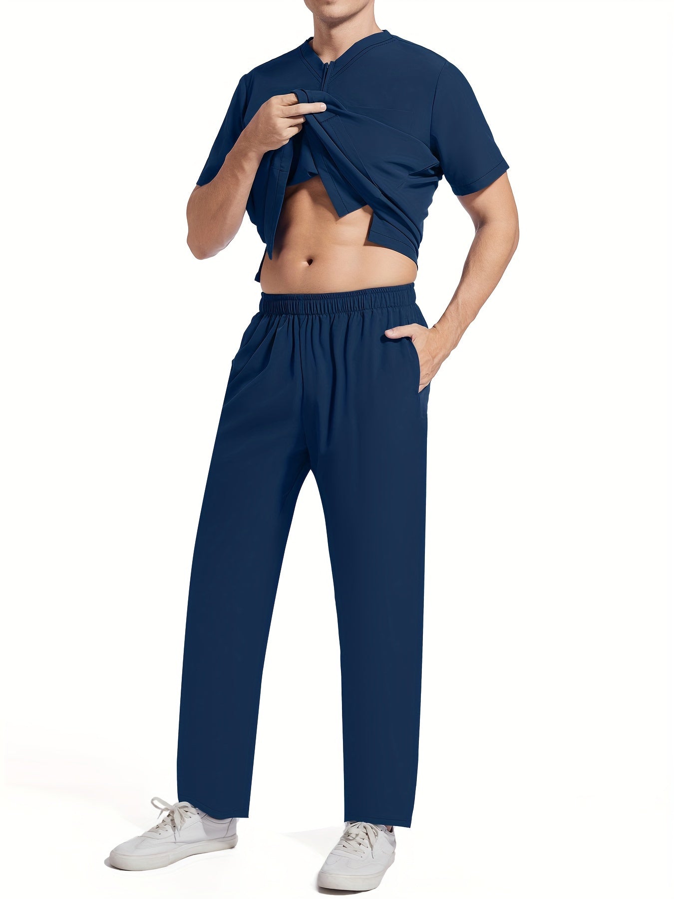 Men's Short Sleeve Summer Work Wear Set, Lab Coat, Pet Grooming Uniform, Breathable V-neck Top With Pockets And Long Pants Outfit