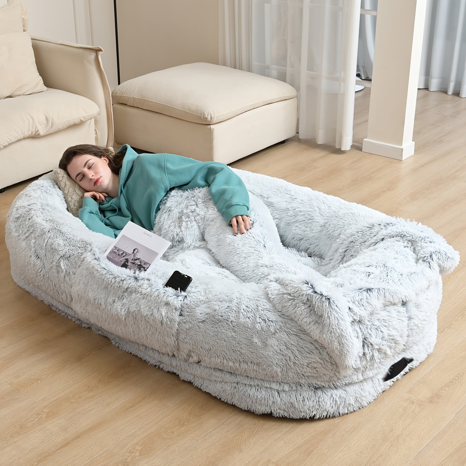 Extra Large Orthopedic Human & Dog Bed with Plush Pillow & Blanket - 71"x45"x12" Washable Faux Fur Pet Couch, Non-Slip Base, Removable Cover - Grey Bed for All Dog Breeds (Small/Medium/Large Dogs) & Cozy Napping Companion for