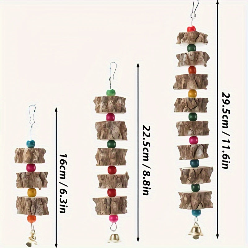 Natures Delight - Durable Wooden Parrot Toy with Melodic Bell and Vibrant Beads - Stimulating Chewing & Grinding Aid for Birds Health - Perfect Cage Accessory