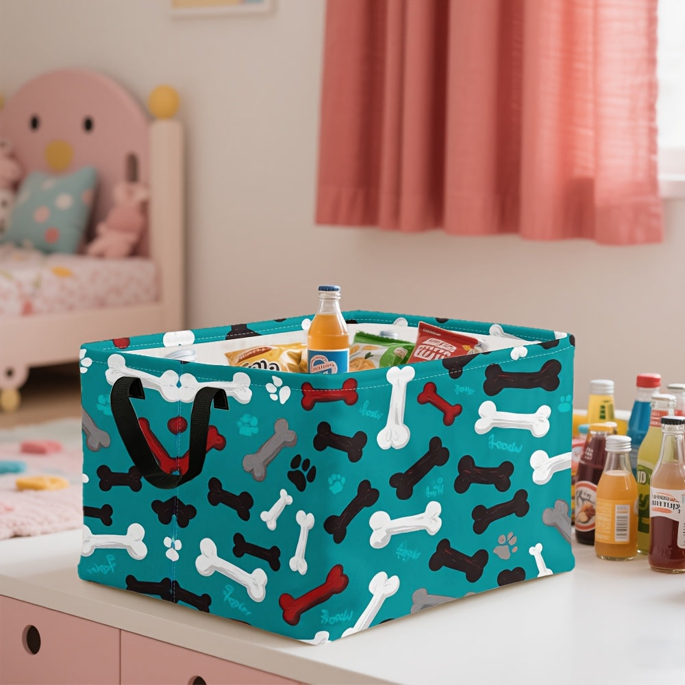 1pc Extra Large Teal Dog Paw Bones Pattern Storage Basket, Foldable Oxford Bin with Metal Frame, Ideal for Dirty Clothes & Fragrance Organization, Cologne Collection Display, Dresser Top Arrangement, Polyester Material, Pet A
