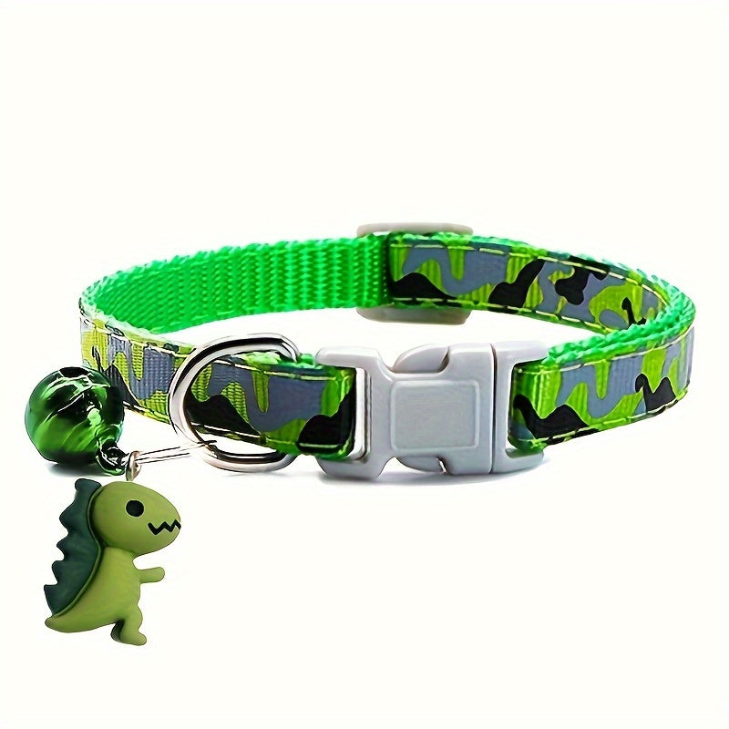 GEKTIMER Adjustable Camo Print Pet Collar with Bell and Cute Dinosaur Charm, Soft Padded Comfortable Design, Ideal Fashion Accessory for Cats, Kittens, and Small Dogs, Polyester Material in Cute Style