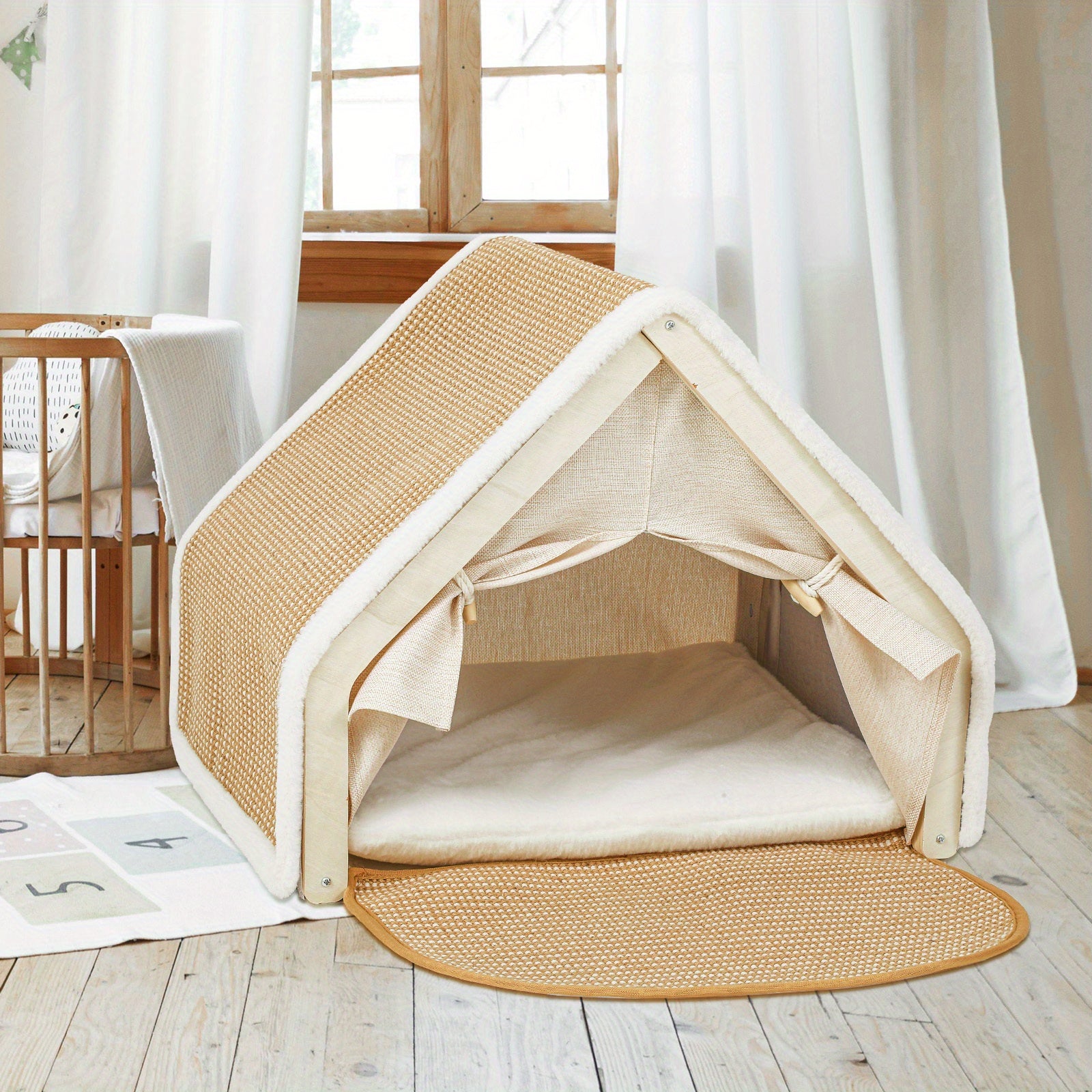 19.68" Super Large Sisal Cat Tent Villa - Four-Season Semi-Enclosed Cat Bed with Removable Natural Sisal Scratching Board, Anti-Chip Design & Polyester Fill for Cozy Comfort, Pet Relaxation Spot, Vibrant Home Decor, Durable P