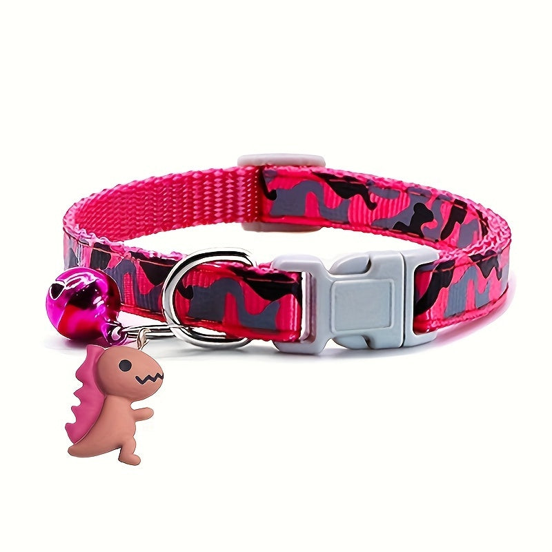 GEKTIMER Adjustable Camo Print Pet Collar with Bell and Cute Dinosaur Charm, Soft Padded Comfortable Design, Ideal Fashion Accessory for Cats, Kittens, and Small Dogs, Polyester Material in Cute Style