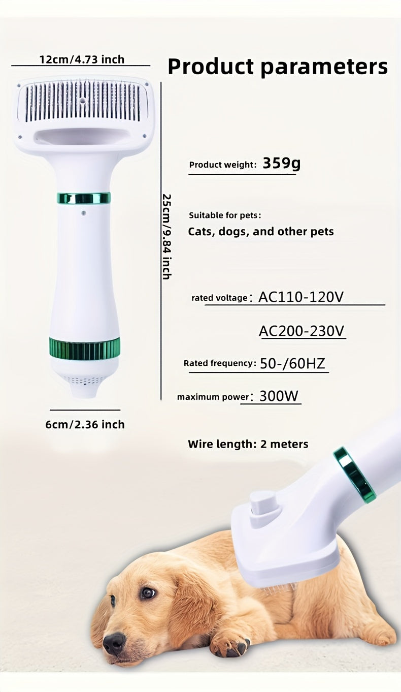 2-in-1 Portable Pet Grooming Drying Brush - Fast, Smooth, Efficiently Drying for Reduced Shedding and Tangling, Ideal for All Body Sizes of Dogs and Cats, Metal Body, Stainless Steel Bristles, US Plug, 110V/220V