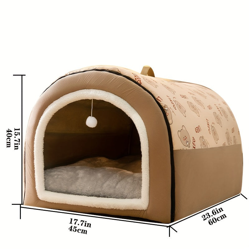 EnigmaTails Cartoon Pattern Dog House, Winter Warm Polyester Pet Bed with Memory Foam, Detachable and Washable, Suitable for Extra Small to Large Dogs, Brown
