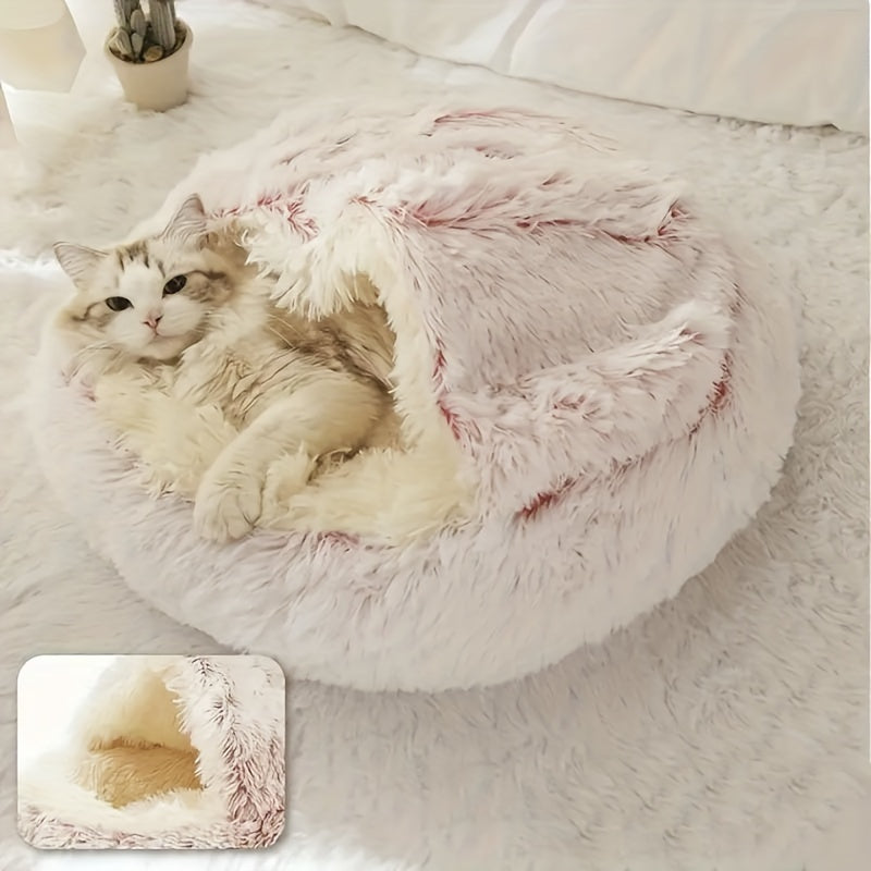 Plush Round Hooded Pet Bed, Warm Dog Bed Dog Cave Nest Soft Donut Dog Cushion Bed Calming Nest