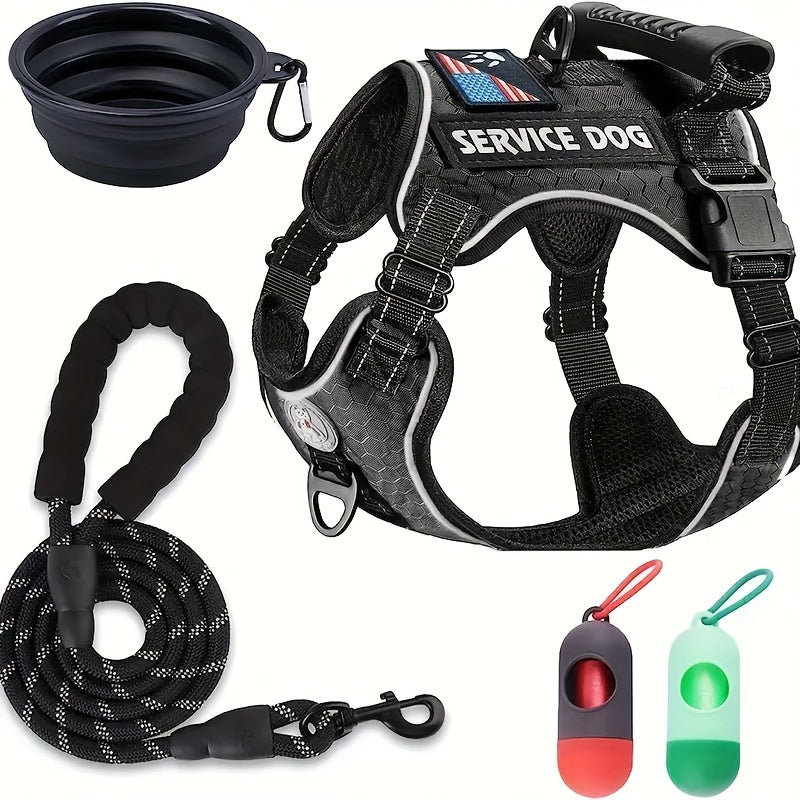 Heavy Duty Dog Harness And Leash Set With Poop Bag Dispenser And Bowl