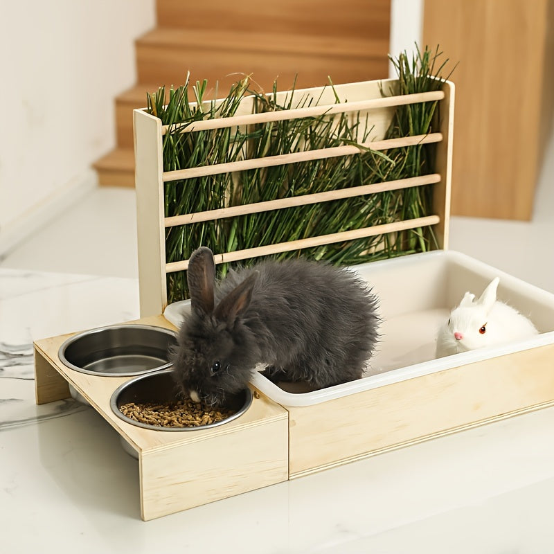 Small Pet Feeding Station with Hay Rack, Cat Litter Box & Dual Bowls - Ideal for Rabbits and Guinea Pigs