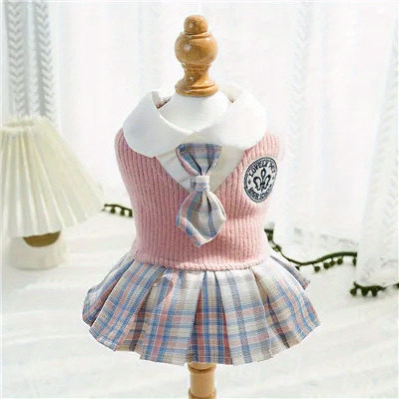 Small Breeds Polyester All-Season Dog Dress, Chic College Style Pet Apparel with Plaid Skirt and Collar, Pullover Design, Ideal for Spring, Cat & Chihuahua, Available in Pink, Blue, Green