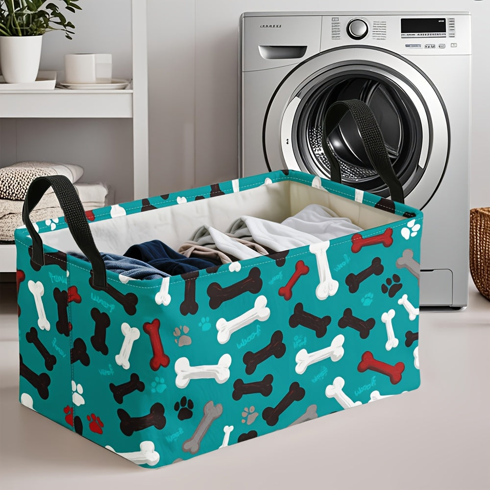 1pc Extra Large Teal Dog Paw Bones Pattern Storage Basket, Foldable Oxford Bin with Metal Frame, Ideal for Dirty Clothes & Fragrance Organization, Cologne Collection Display, Dresser Top Arrangement, Polyester Material, Pet A