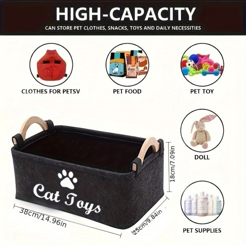 1pc WhiskerWonders Durable Polyester Cat Toy Storage Box, Graphic Paw Print Design, Pet Toy Organizer Basket for Home Organization, No Battery Needed