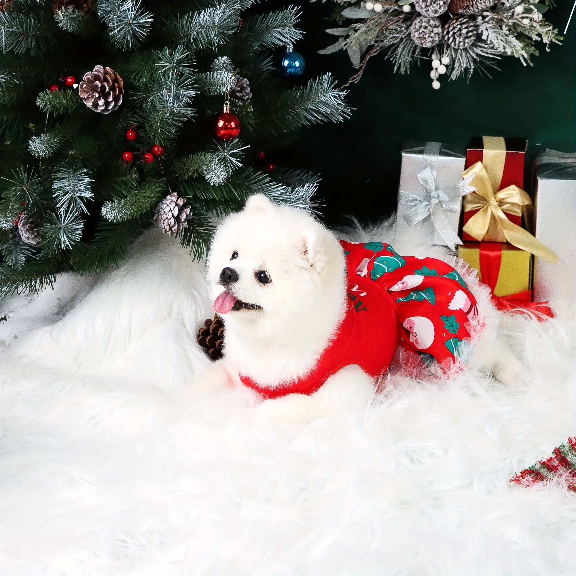 Adorable Festive Christmas Dog Dress - Soft, Cozy, and Machine Washable Polyester Pet Apparel with Vibrant Holiday Print for Small to Medium Breeds, Easy Care and Comfortable Wear