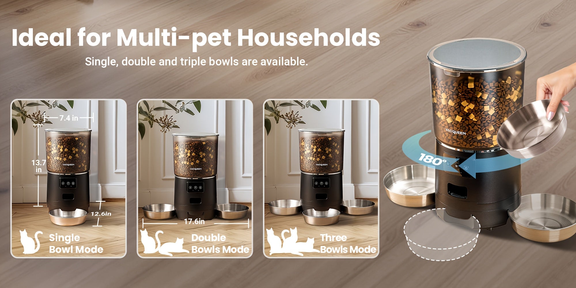 Smart WiFi Feeder with App Control & 1.59gal Large Capacity - 3- Dispenser with 3-Bowls System, Real-Time Monitoring, Auto Feeding Schedule, Plug (110-130V) for Multi- Households, Pet Waster Prevention, Dog Feeder Automatical