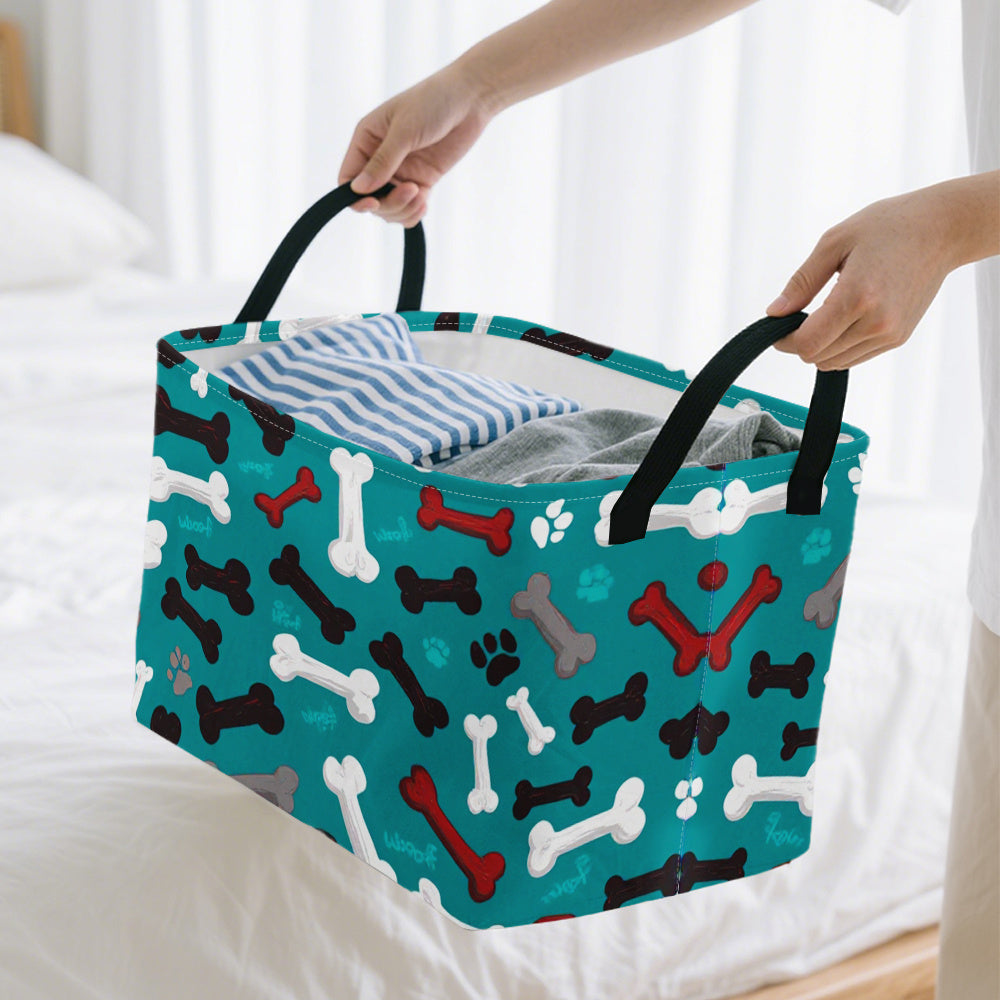 1pc Extra Large Teal Dog Paw Bones Pattern Storage Basket, Foldable Oxford Bin with Metal Frame, Ideal for Dirty Clothes & Fragrance Organization, Cologne Collection Display, Dresser Top Arrangement, Polyester Material, Pet A