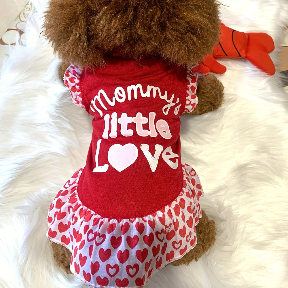 1pc Mommy'S Little Love Dog Dress - Knit Polyester & Spandex Pullover Pet Apparel for Small Breeds, Machine Washable, All-Season Cute Female Puppy Shirt with Skirt
