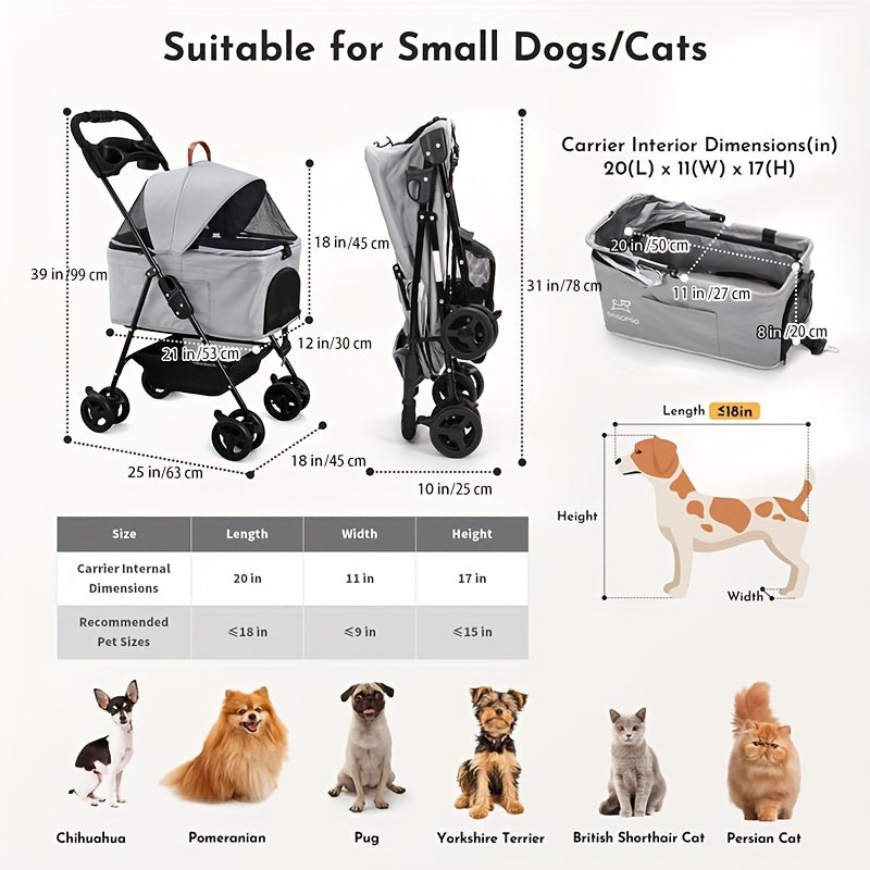 3-in-1 Pet Stroller Carrier - Foldable, Detachable, Car Seat, Stroller with Easy Push Button Entry for Small Pets - Attractive Gray Color