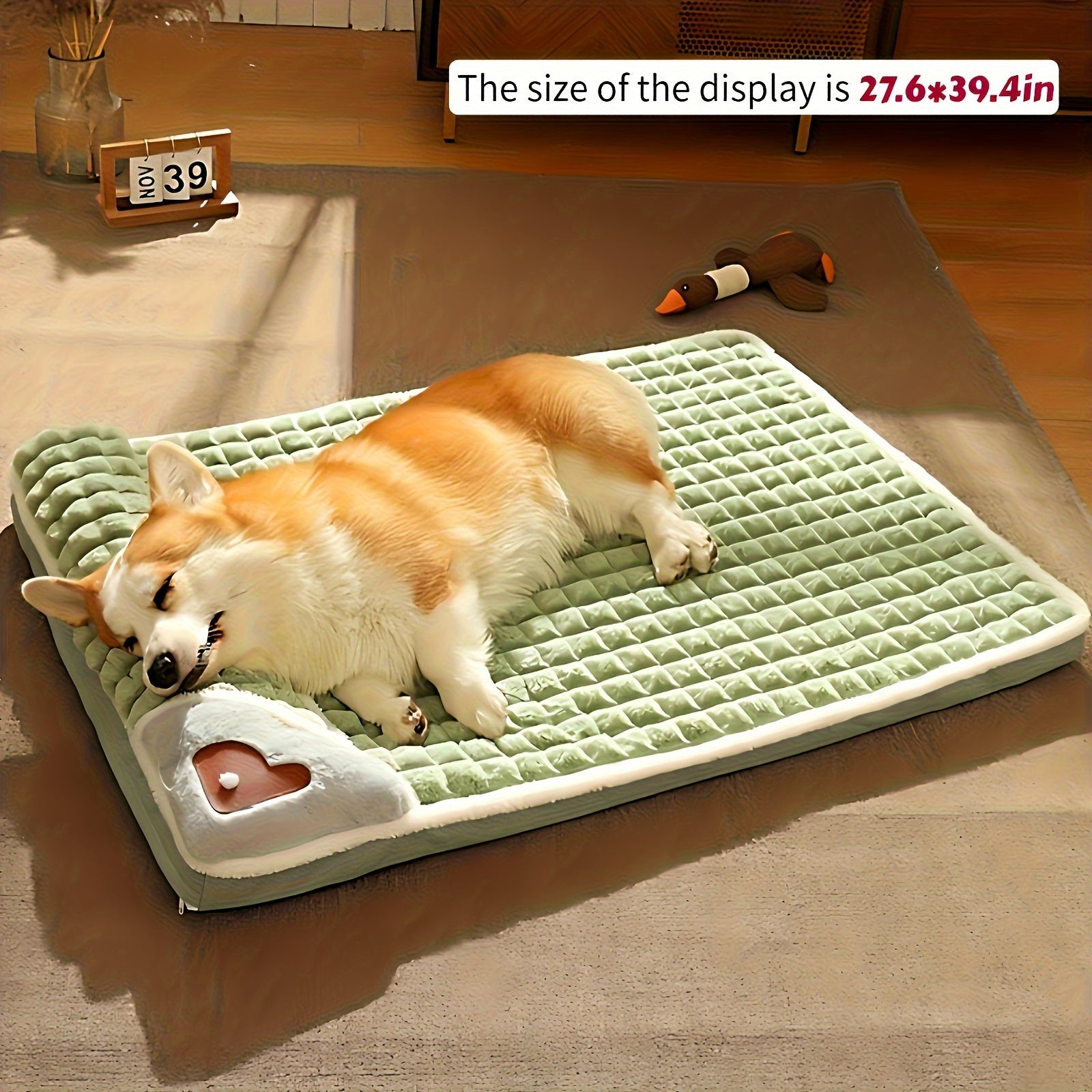 Soft Plush Pet Bed with Neck Pillow & Anti-Slip Bottom - Cozy Sofa Sleeping Pad for Dogs & Cats of All Sizes, Washable Winter Warmth Kennel Mat, Light Green Quilted Design, 42.13" x 31.50, Indoor Pet Bed | Hightop Bolster Bed
