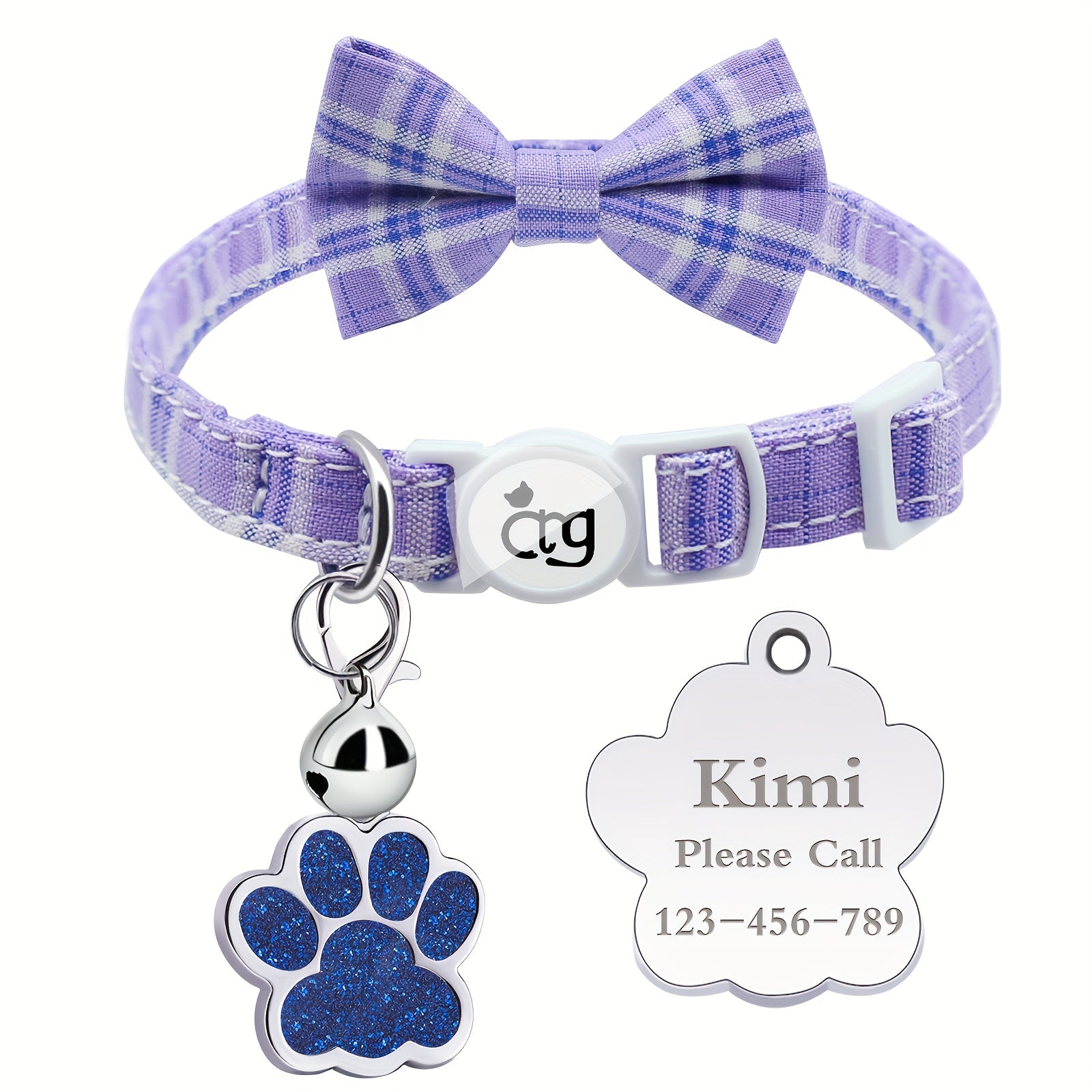 Personalized Custom Metal Paw Tag Pet Collar with Safe Buckle, Bow Tie, Nylon Material, Fresh Plaid Pattern, and Bell - Ideal for Cats and Small Dogs