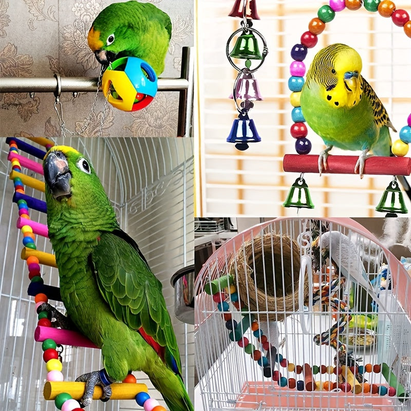 15pcs Bird Chewing Hanging Toys Set, Multicolored Bird Toys With Swing, Perching Stand, Parrot Toys, Hanging Bell Pet Bird Cage Hammock, Swing Toy, Wooden Perch Chewing Toy (Random Color)
