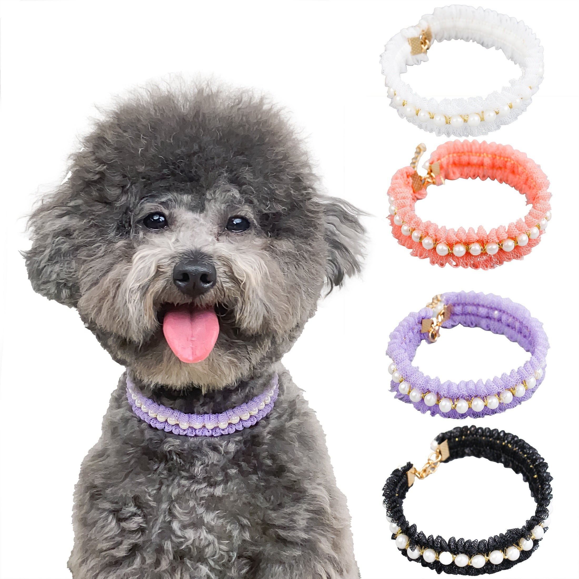 Pearl and Lace Pet Collar, Cute Dog and Cat Adjustable Neck Accessory with Mesh Ruffle Detail - Elegant Patterned Design for Stylish Pets