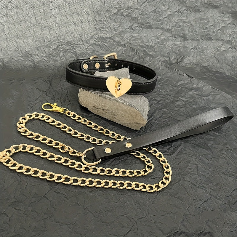 SUTEYI Leather Pet Collar and Leash Set with Heart Charm, Adjustable Fashion Collar for Small Dogs, Hand Wash Only - Black