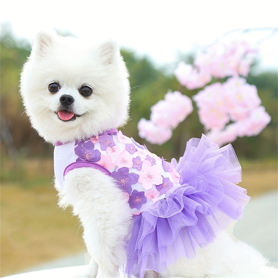 Small Breeds Floral 3D Flower Design Pullover Dog Dress - Woven Polyester, Breathable, Lightweight Pet Apparel for Toy & Mini Dogs, Cats, Pet Fashion Accessories