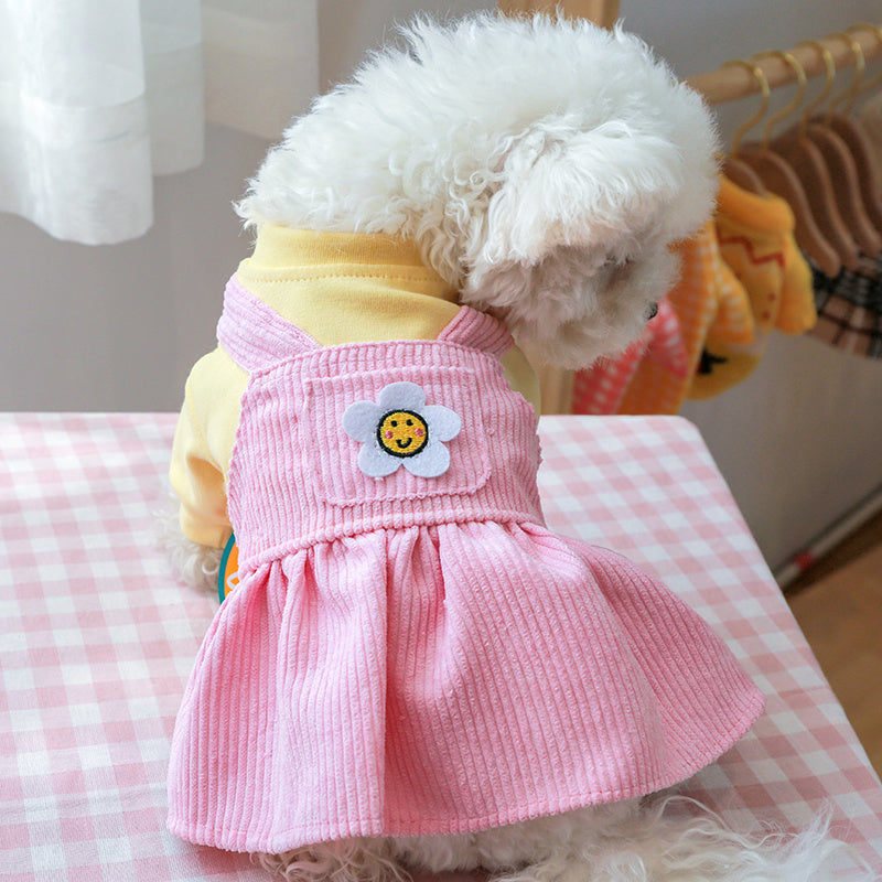 Pink Warm & Comfortable Knit Sunflower Couple Dog Dress - Cozy Pet Apparel for Small Breeds, Fall/Winter