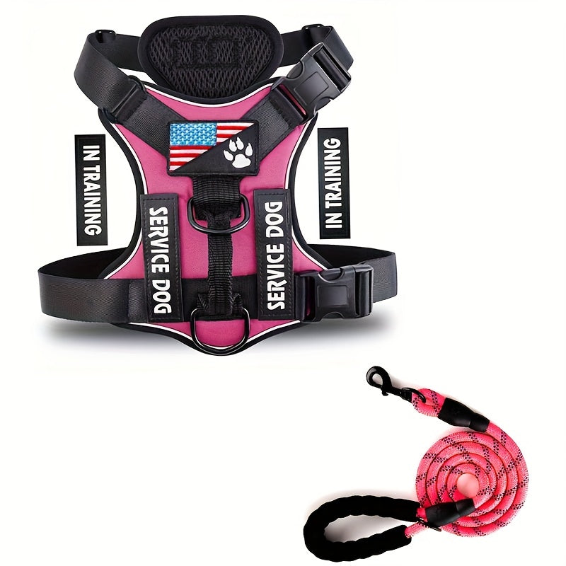 Service Dog Harness, Reflective Dog Vest Harness With 5 PCS Patches, Adjustable Soft Oxford Pet Harness, Inner Layer Mesh, Easy To Control For Small Medium Large Dogs With 59inch Traction Rope