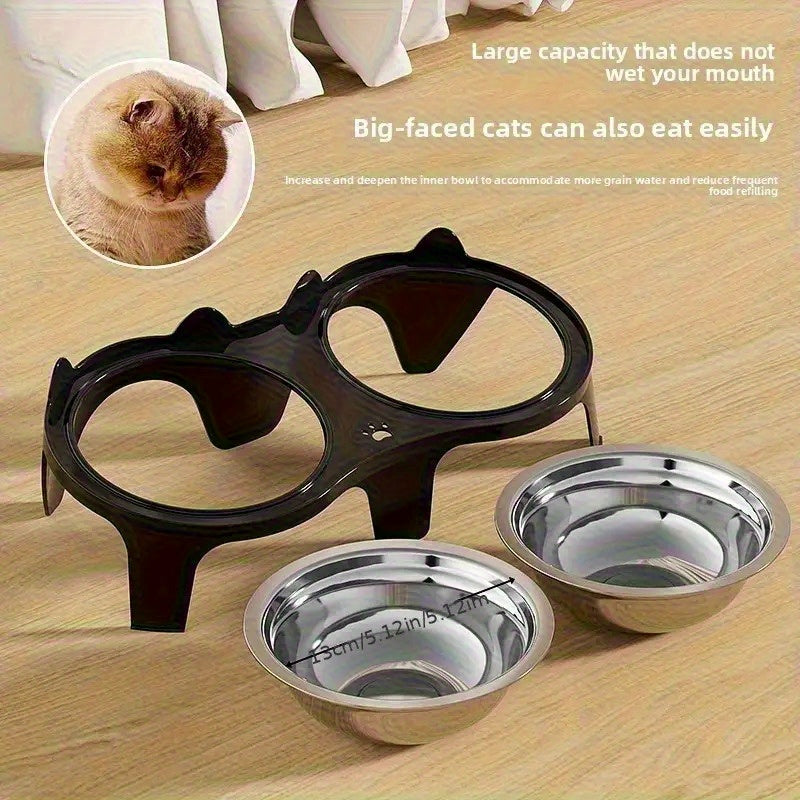 Stainless Steel -Tipping Double-Bowl Cat & Dog Food Feeder - Large Capacity Spill-Proof Design with 15° Slant Mouth & -Skid Base, Detachable Washable Durable Plastic-Like Edges, Ideal for Multi-Cat Households (Easy-Clean Pet