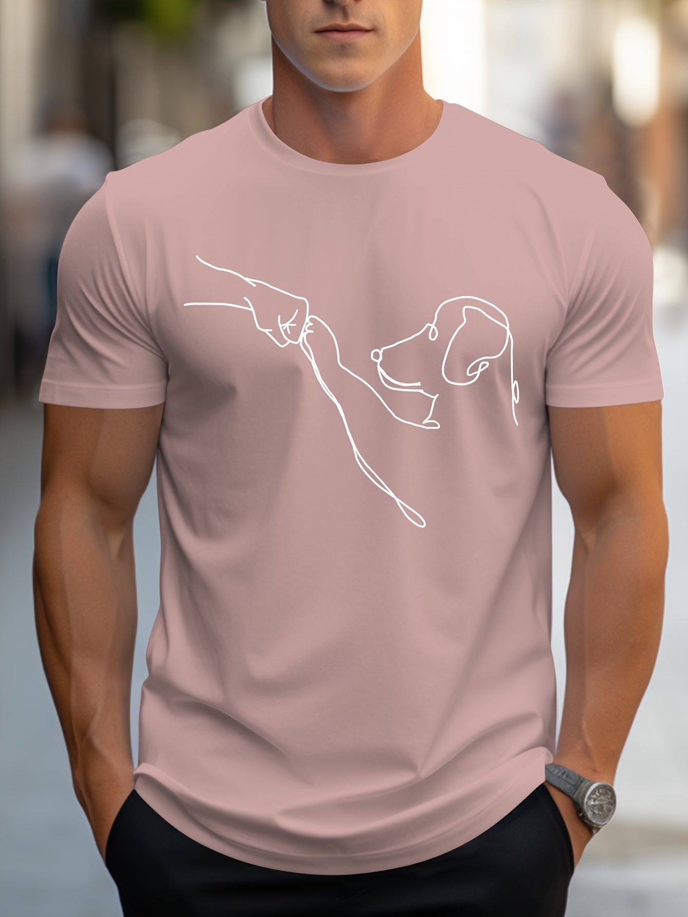 Men's Line Art Dog Print T-Shirt: Poop Scooper Exclusive! Super Cute Hand-Drawn Puppy Sketch, Minimalist Pet Interaction Design – Adorable Paw Print & Leash Graphic Tee