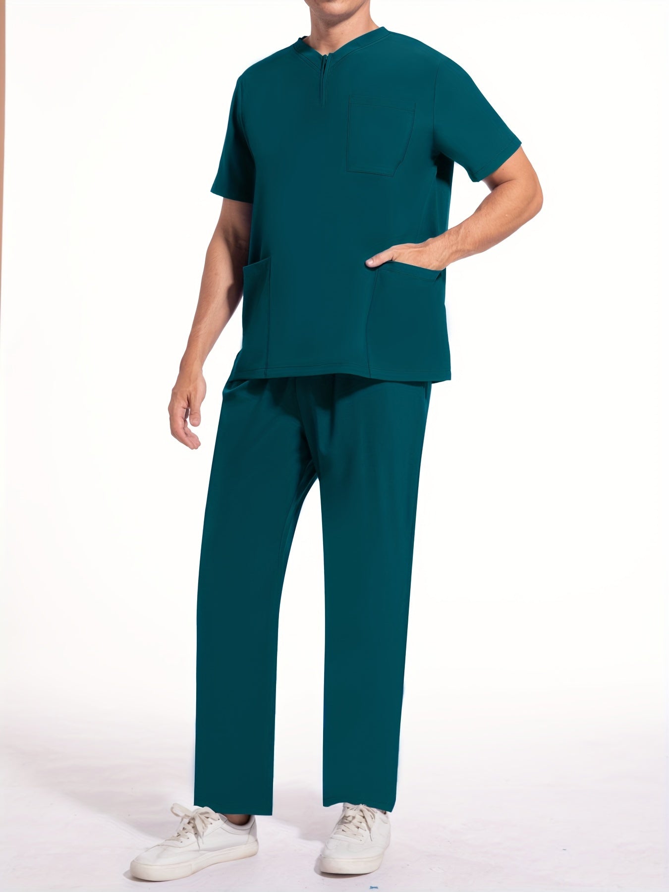 Men's Short Sleeve Summer Work Wear Set, Lab Coat, Pet Grooming Uniform, Breathable V-neck Top With Pockets And Long Pants Outfit