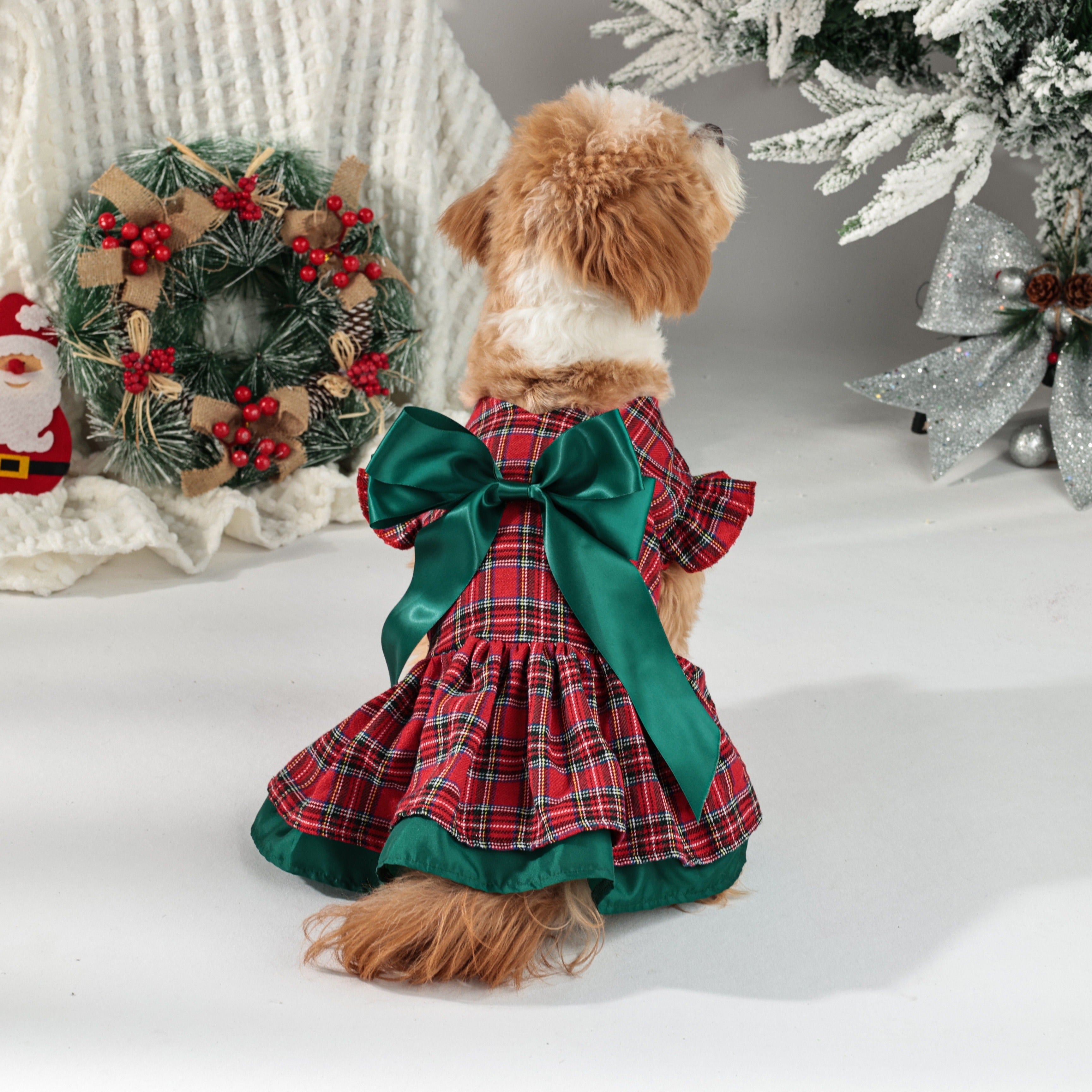 Winter & Autumn Tartan Dog Dress with Snap Buttons – 100% Polyester Woven Plaid Puppy Dress, Small Breed Christmas Party Outfit with Festive Bow Detail, Warm Pet Apparel for Seasonal Celebrations