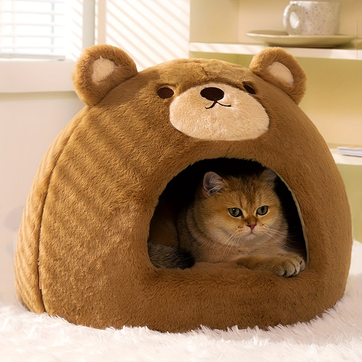 1pc Cozy Brown Bear Shaped Cat Bed - Portable Cat House & Condo for Indoor Cats - Thickened, Soft, and Warm Pet Bed for Ultimate Comfort and Relaxation