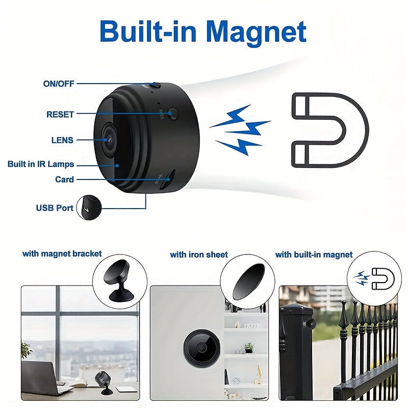 Mini Wireless Camera, 480P HD, USB Rechargeable with Built-in Lithium Polymer Battery, Magnetic Back Cover, Non-Waterproof, for Home, Pet, Car Surveillance, Supports AP Mode & Remote Monitoring