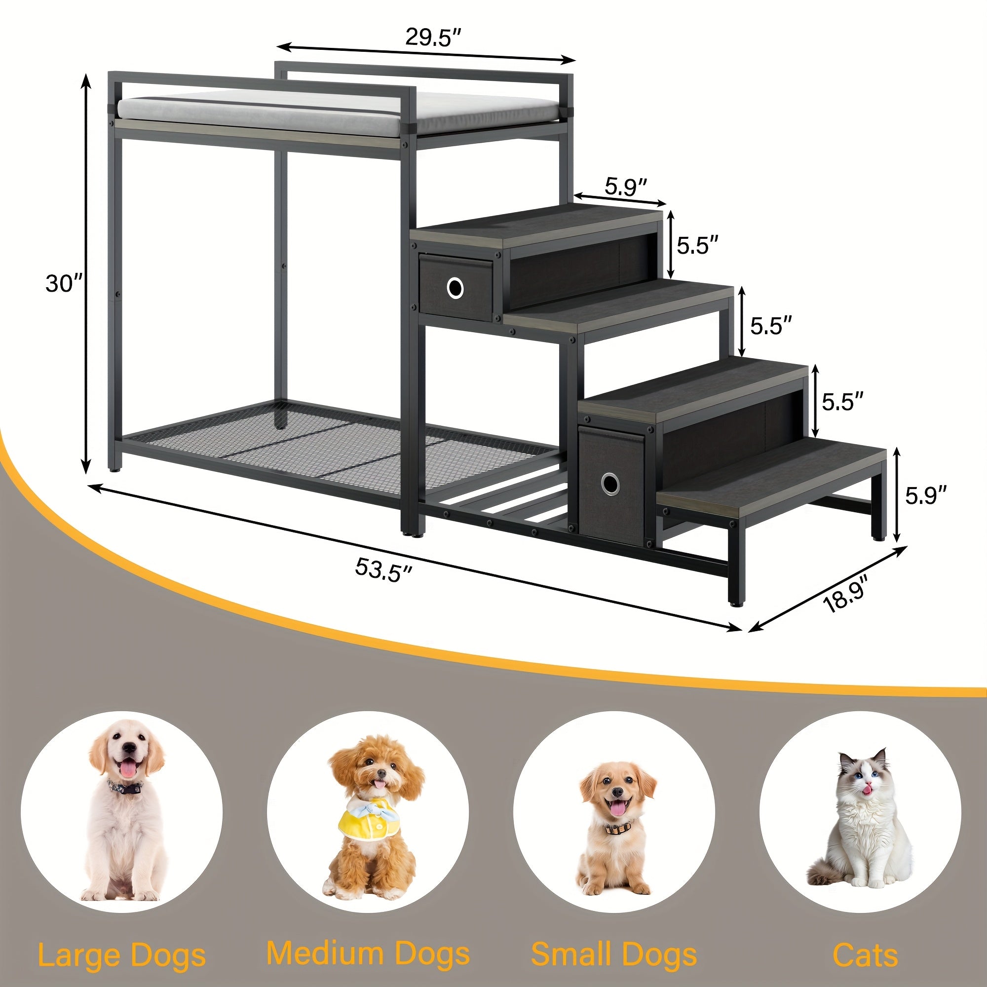SAUDISM Multi-Level Pet Bunk Bed with Removable Step for Dogs & Cats - Durable Wooden Frame, Cushioned Perch & Window Seat, Indoor Use, Easy Assembly, Black, Perfect for Small to Medium Dogs, Cozy Home Decor, Pet Furniture, M