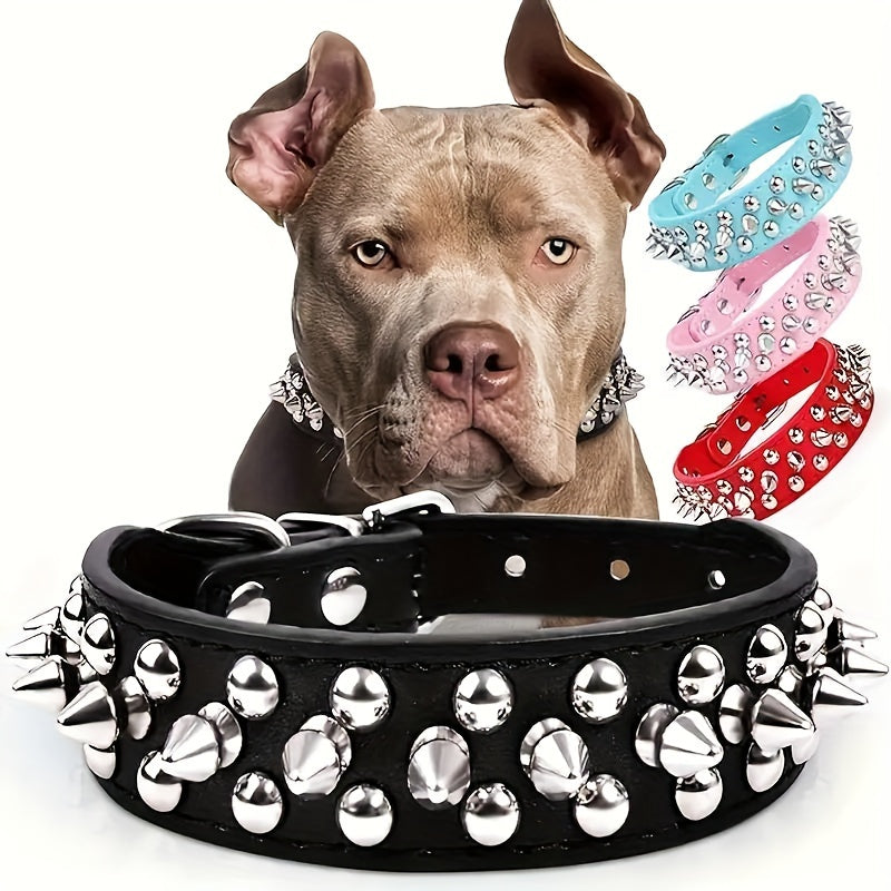 1pc Adjustable Studded Rivet Faux Leather Dog Collar - Durable, Anti-Bite, Comfortable Pet Collar with D-Ring for Dogs - Basic, Stylish, and Easy to Clean