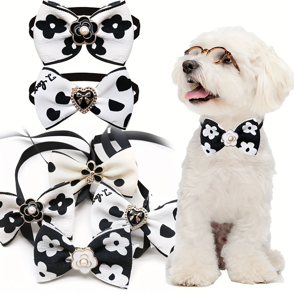 20pcs Luxury Adjustable Dog Bowties - Black & White Floral dog collars with adjustable Strap, Elegant Pet Accessories for Small Dogs, Cats - Perfect for Weddings, Parties, Photo Shoots - Easy-to-Wear Formal & Everyday Outfits