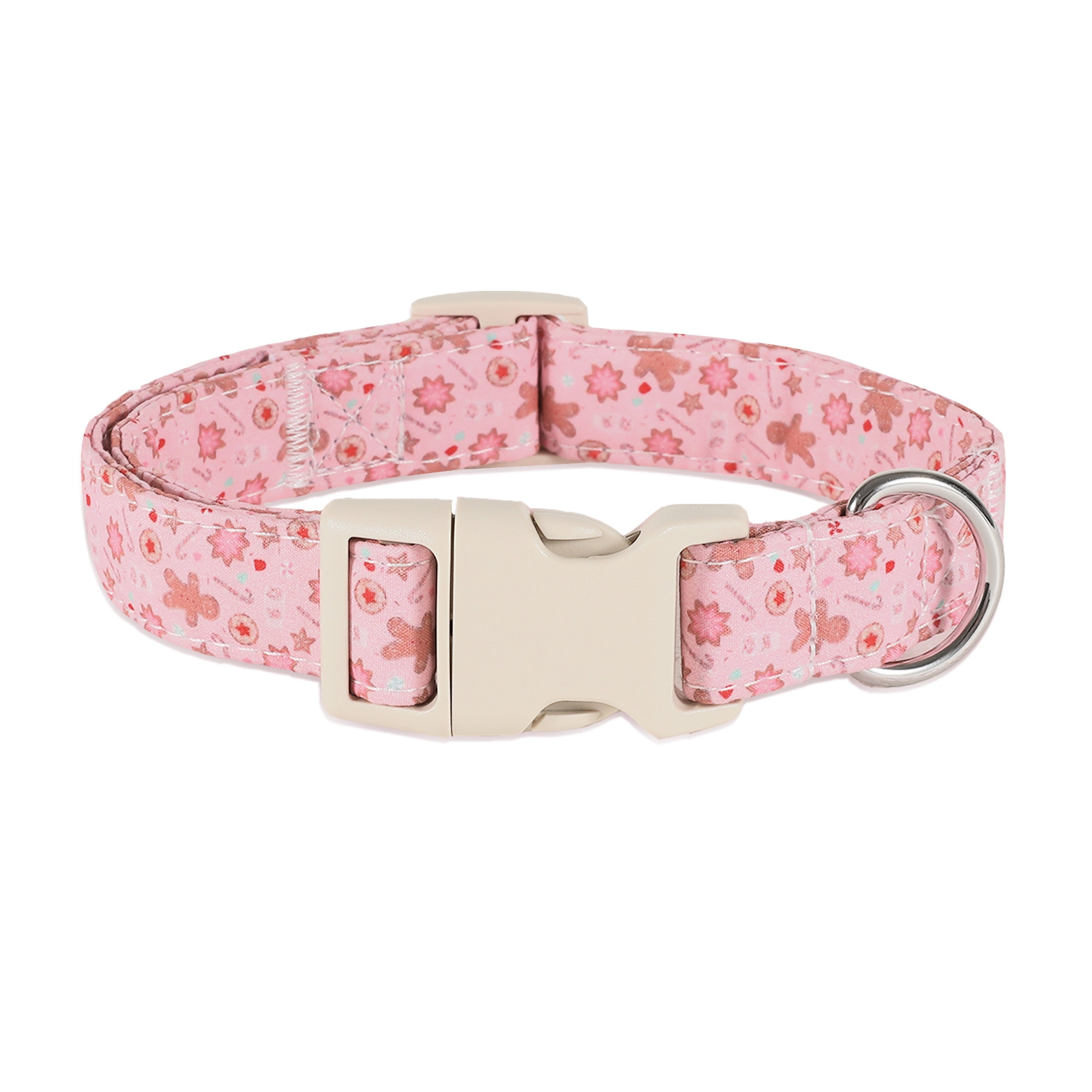 1pc Festive Adjustable Cotton Dog Collar with Cartoon Gingerbread Man Design, Durable Indoor/Outdoor Pet Collar with Beige Plastic Buckle - Christmas Theme