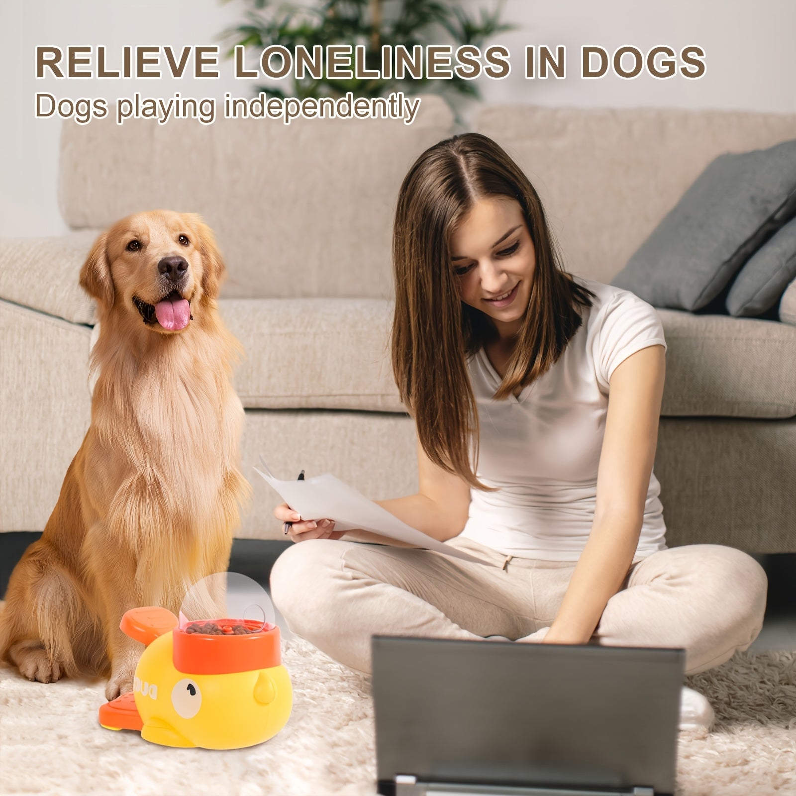 Durable Plastic Yellow Duck Interactive Dog Toy & Automatic Feeder - No Batteries Needed, Push & Pull Pet Feeder with Treat Dispenser for Mental Stimulation & Healthy Eating - Suitable for Small, Medium & Large Dogs, Pet Feed