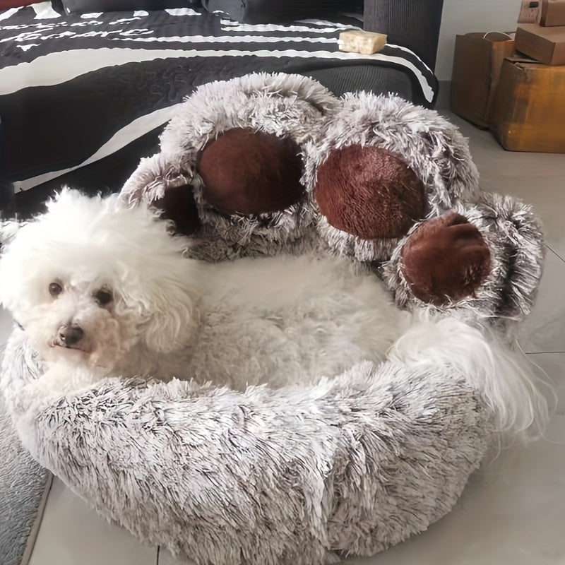 Cozy Bear Paw Plush Pet Bed - Warm, Comfortable & Washable Cat and Dog Nest for All Seasons