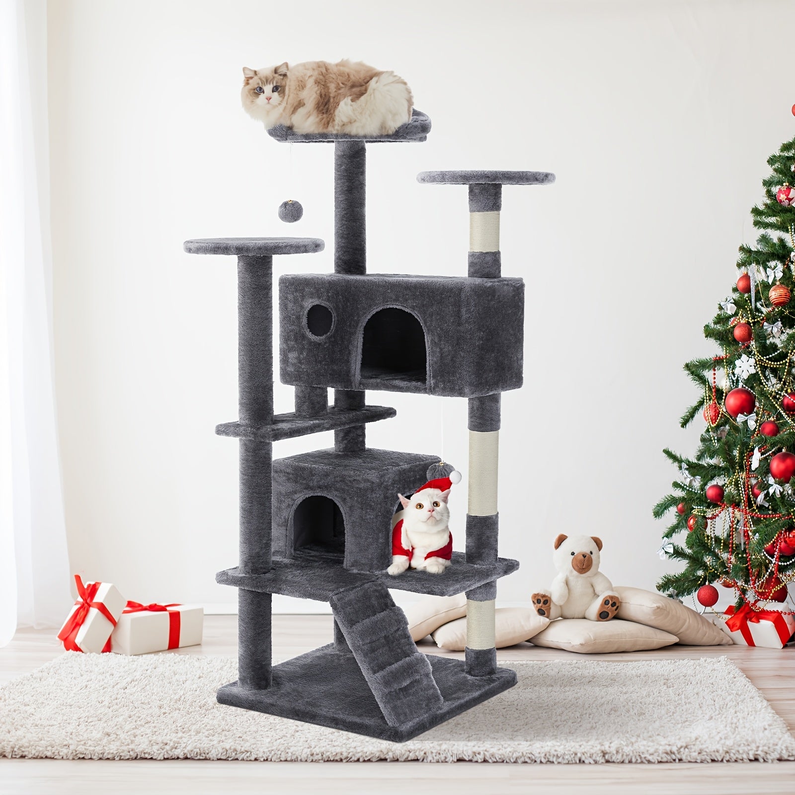 54in Tall Multi-Level Cat Tree Tower for Indoor Cats, Kitty Play House with Sisal Scratching Post, Large Condo, Climbing Ladder, Pet Furniture, Plush Toy for Kitten