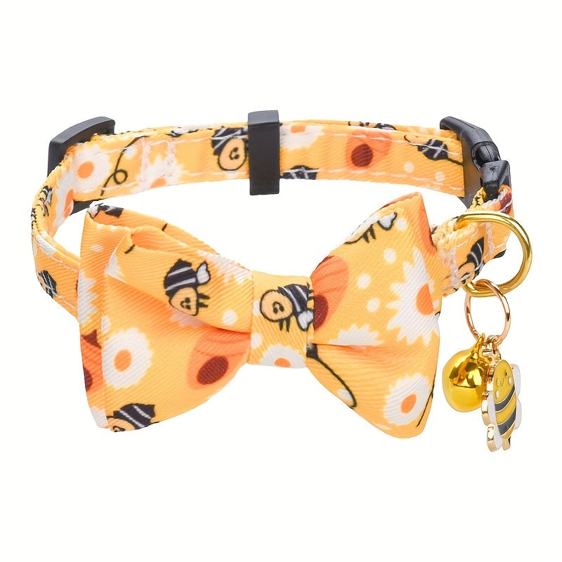 Adjustable Polyester Fiber Cat Collars with Animal Print, Bow Tie & Bell Pendant - CP627 Cute Pet Collar Set with Safety Buckle & Detachable Accessories