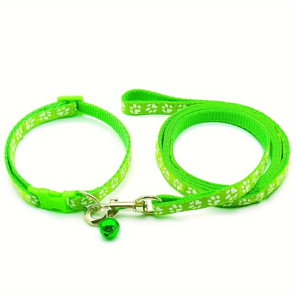 Cute Paw Pattern Nylon Dog Collar - Pet Dog Collar And Leash Set With Bell Long Dog Walking Leash