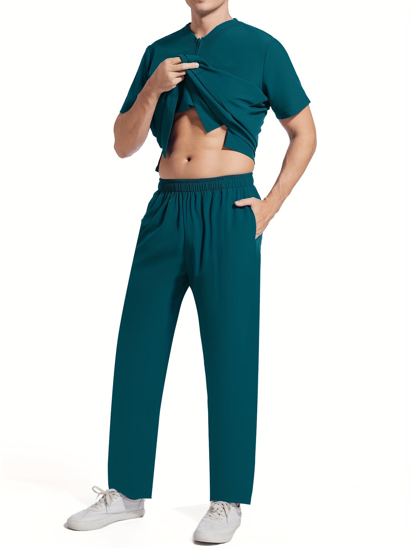 Men's Short Sleeve Summer Work Wear Set, Lab Coat, Pet Grooming Uniform, Breathable V-neck Top With Pockets And Long Pants Outfit