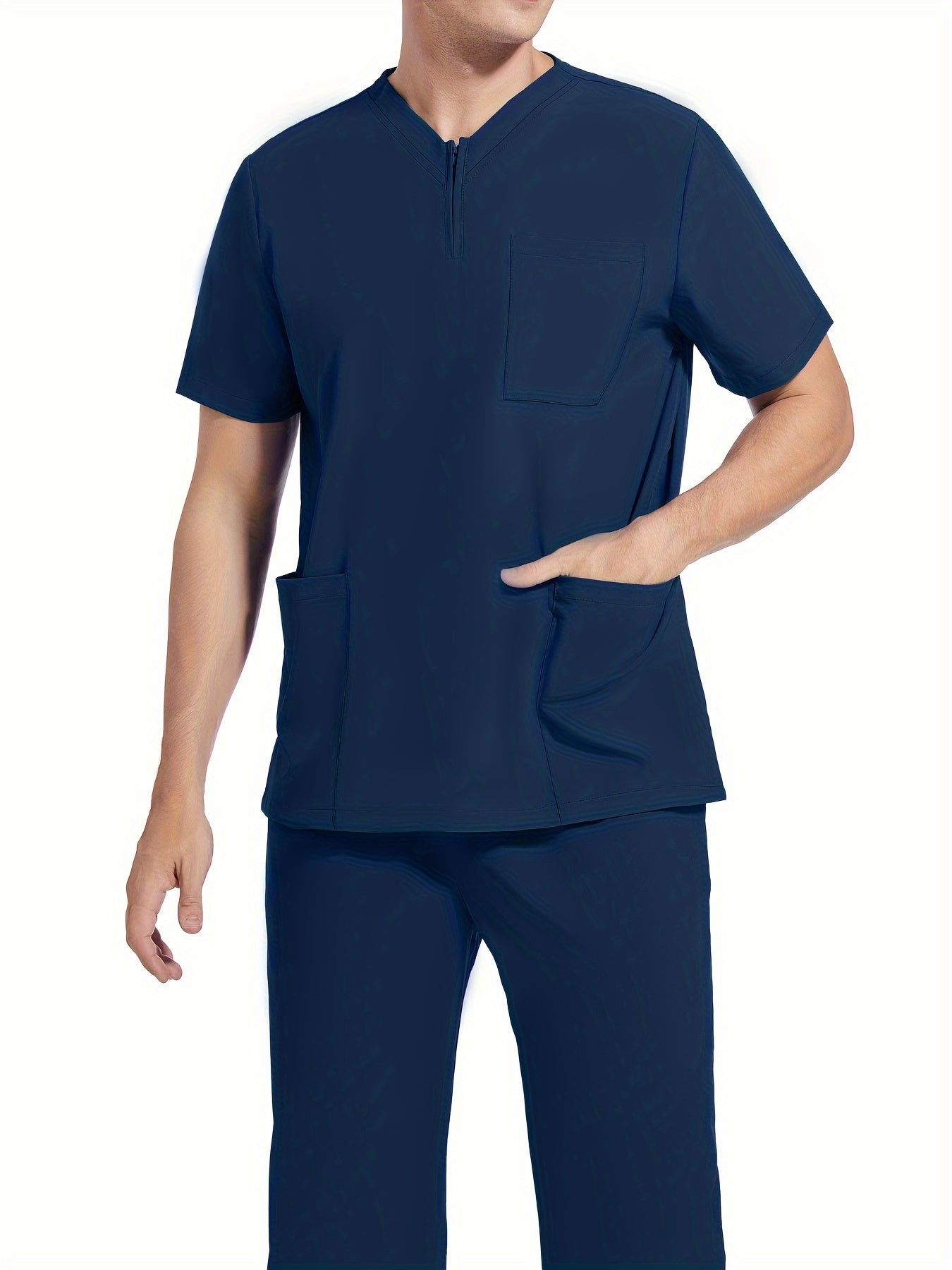 Men's Short Sleeve Summer Work Wear Set, Lab Coat, Pet Grooming Uniform, Breathable V-neck Top With Pockets And Long Pants Outfit