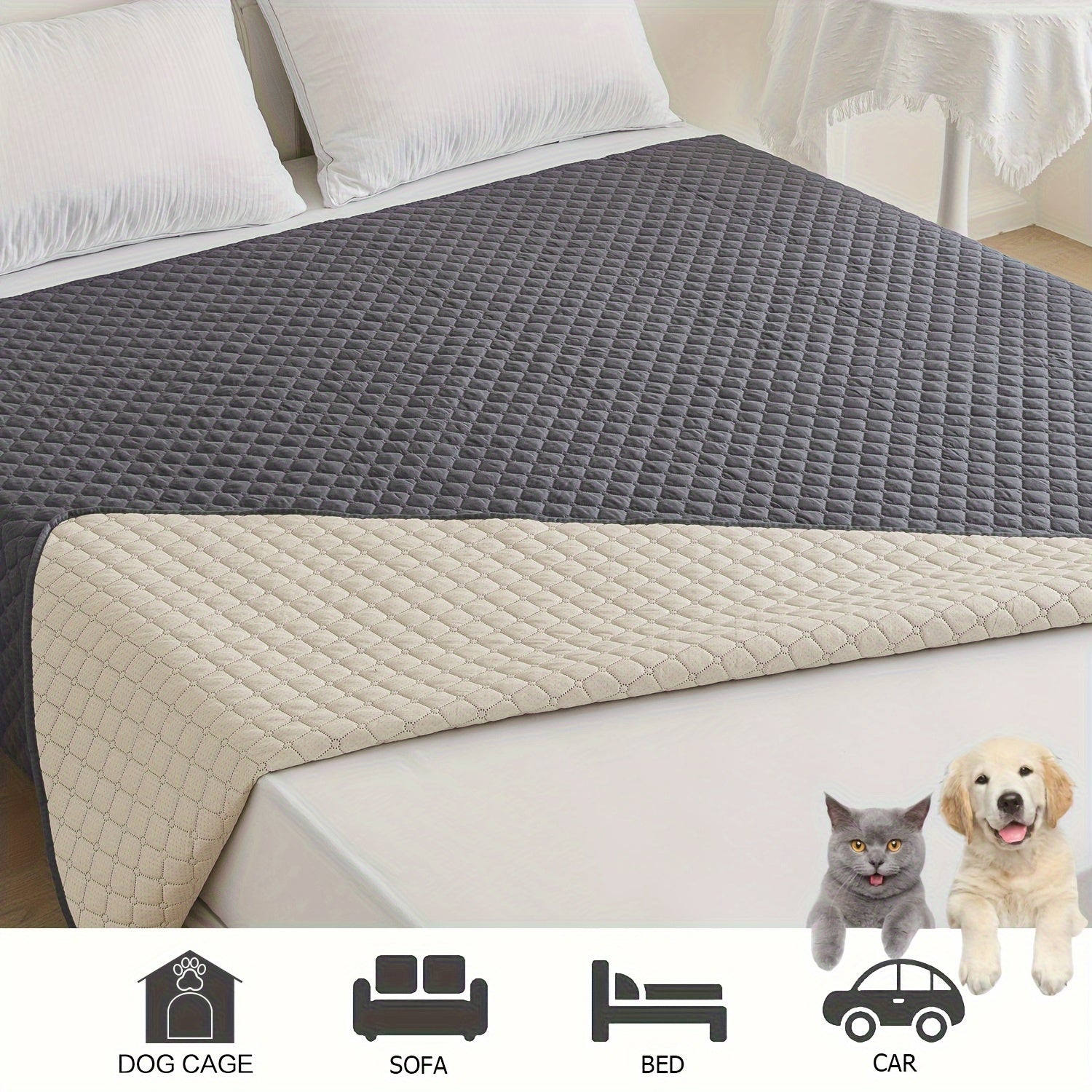 Waterproof Pet Bed Mat for Medium & Large Dogs - Non-Slip, Odor-Resistant Sofa Protector with Plaid Polyester Fill, Machine Washable, Pet Furniture Protection, Urine-proof, Car Mat