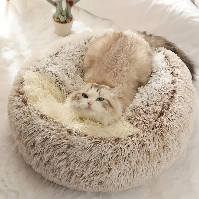 Plush Round Hooded Pet Bed, Warm Dog Bed Dog Cave Nest Soft Donut Dog Cushion Bed Calming Nest