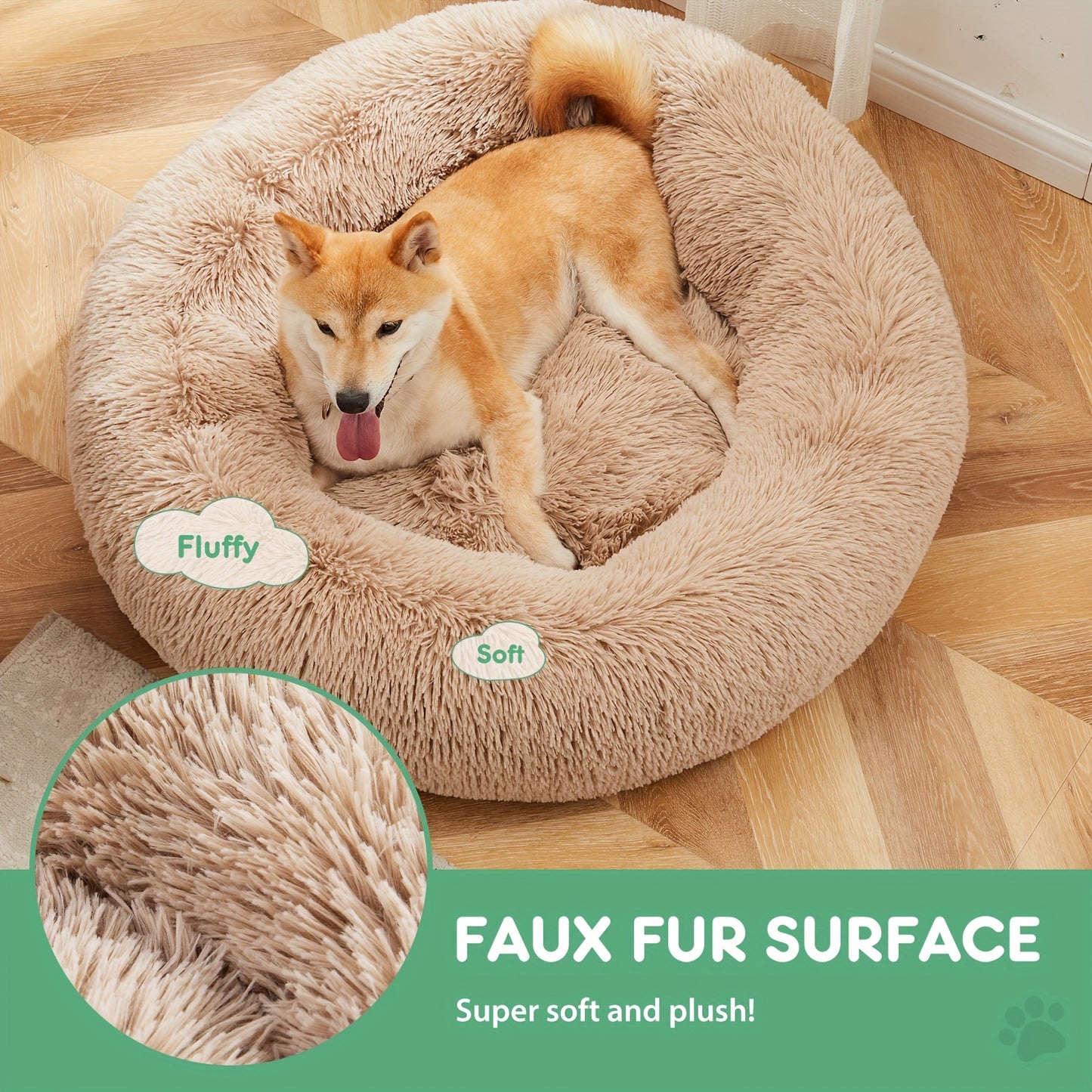 Fluffy Plush Calming Pet Bed For Dogs And Cats - Washable Anti-Slip Round Bed For Pets - Brown Color